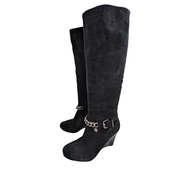 BCBGENERATION! MERRY BLACK SUEDE LEATHER WEDGE HEELS CHAINED BOOTS! SZ 7.5B - Picture 3 of 11